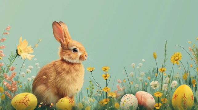 Easter bunny is surrounded by colorful eggs, creating a magical and festive scene. The bunny is depicted in a playful and lively manner, evoking the spirit of Easter celebrations. Generative AI
