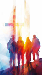 A group of individuals stands facing a tall cross. The cross appears to be the focal point of the gathering, with people of various ages dressed in casual attire. . Generative AI