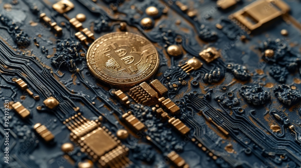 Poster close up of bitcoin on top of electronic circuit board in shallow depth of field
