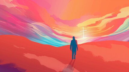 Painting depicting a man walking across a desert landscape with sand dunes towards a cross in the distance. Generative AI