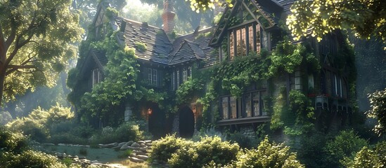 Hyperrealistic Forest House Surrounded by Ivy, To provide a high-quality and detailed stock photo of a fantasy house in the woods, suitable for use