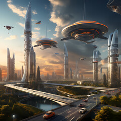 Futuristic urban skyline with flying cars. 