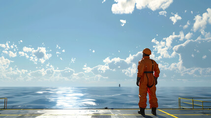 A male petroleum engineer in a field coverall walking or standing on a platform at a large offshore upstream oil and gas rig.