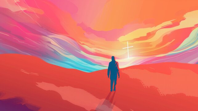 Painting depicting a man walking across a desert landscape with sand dunes towards a cross in the distance. Generative AI