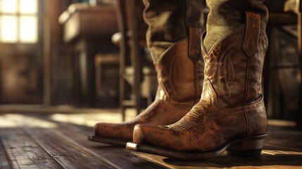 Image of man wearing cowboy boots. - obrazy, fototapety, plakaty