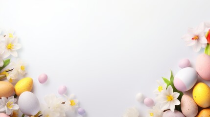 A white background adorned with colorful flowers and festive Easter eggs arranged in a cheerful display. Generative AI