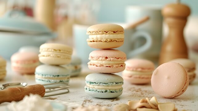 Stacked and assorted macarons on a table, To offer a visually appealing and appetizing image of macarons for use in food blogs, recipe books,