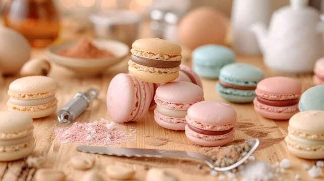 Colorful Macarons and Sweet Toppings on a Table, To provide a visually appealing and mouth-watering image of macarons and sweet toppings, suitable