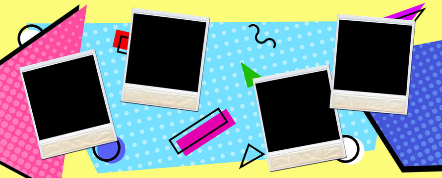 Empty Polaroid backside photo frames on colorful, geometric 80s style background