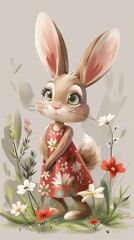 Fototapeta premium A painting featuring a rabbit dressed in a bright dress. The easter rabbit is the main focal point, standing gracefully in the center of the image. Generative AI
