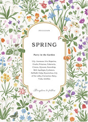 Spring. Invitation. Mille-fleurs. Vintage vector botanical illustration. 
 - obrazy, fototapety, plakaty
