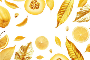 Golden Designs Leaf and Fruit Elements in Decor Isolated On Transparent Background