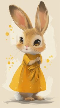 A painting featuring a rabbit dressed in a bright  dress. The easter rabbit is the main focal point, standing gracefully in the center of the image. Generative AI