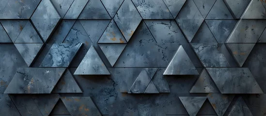 Fotobehang Abstract 3D Wall of Triangles in Dark Silver and Indigo, To provide a modern, artistic, and unique background for interior design, office decor, or © Sittichok