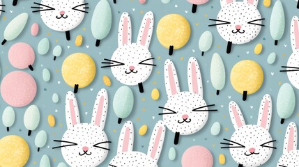 Colorful simple easter background. A collection of colorful eggs and delicate flowers, rabbits and chickens located on a white background. Generative AI
