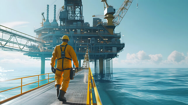 A male petroleum engineer in a field coverall walking or standing on a platform at a large offshore upstream oil and gas rig.