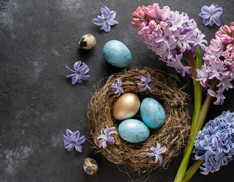  top view easter nest with eggs and hyacinth flowers on concrete black background 