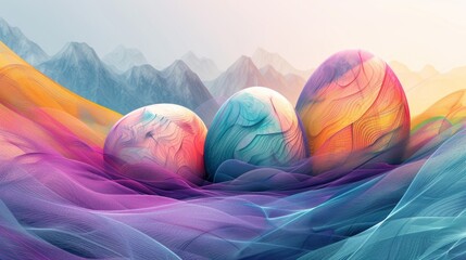 A group of vibrant and colorful eggs are arranged neatly on top of a table. Each egg is uniquely decorated, creating a festive and cheerful display. Generative AI