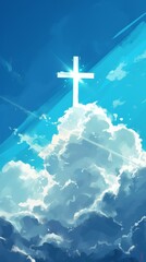 A cross stands prominently in the center of a cloudy sky, with rays of light breaking through the overcast weather, creating a solemn and dramatic scene. Generative AI