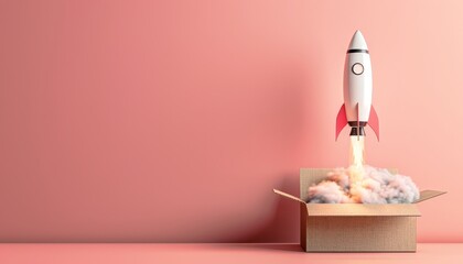 3d rocket launching from cardboard box, startup concept on pastel background with copy space.
