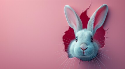 A white rabbit peeks out from a hole in a pink wall, showing an interesting and charming moment. place for text. Generative AI