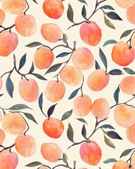 Peach Falling on yellow background pattern, watercolor illustration. Fresh peach flying, creative minimal. Grocery product advertising, menu or package.
