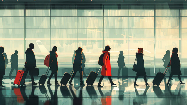 an image representing the traveler, suitcase, happiness, airport queue