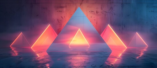 Neon Triangles A Vintage Minimalist Landscape, A striking and unique image, perfect for adding a pop of color and a modern, futuristic aesthetic to - obrazy, fototapety, plakaty