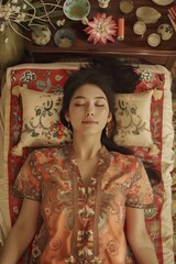 Asian woman lying on massage table enjoying spa in salon