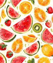 Fresh Fruits Falling background pattern, watercolor illustration. Orange, lemon, watermelon, juicy slice mix flying. Grocery product package, advert