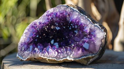  purple geodes on a stone. image  with copy space  - obrazy, fototapety, plakaty