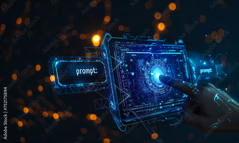 Poster futuristic command prompt on a digital interface with a holographic computer screen, depicting advan