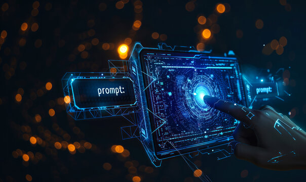 Futuristic command prompt on a digital interface with a holographic computer screen, depicting advanced technology and cybernetic innovation