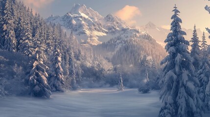 Image of snow-covered mountains within a dense fir forest.