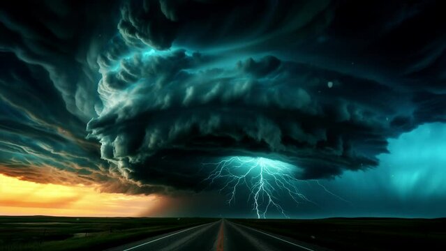 Huge tornado over agricultural land due to global climate change.