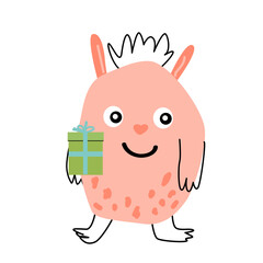 Pink baby monster with gift box for birthday banner