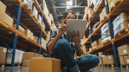 Warehouse Inventory Management with Digital Tablet. A focused female employee conducting inventory checks in a warehouse using a digital tablet, surrounded by packages. - obrazy, fototapety, plakaty