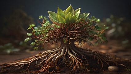 A beautifully detailed rendering of a small plant, its roots firmly planted in the rich, brown soil, capturing the intricate textures