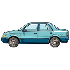 Light blue family sedan car illustration on transparent background PNG. Classic 1980s family car design concept for urban commuting and retro automotive themes.