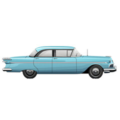 Retro turquoise classic sedan car illustration. 1950s American car culture and design concept isolated on a transparent background PNG.