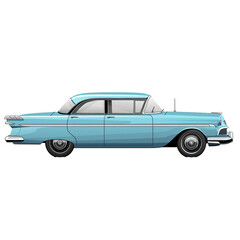 Fototapeta premium Retro turquoise classic sedan car illustration. 1950s American car culture and design concept isolated on a transparent background PNG.