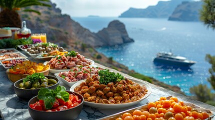 Fototapeta premium Seaside Feast: Delicious Food with Ocean View