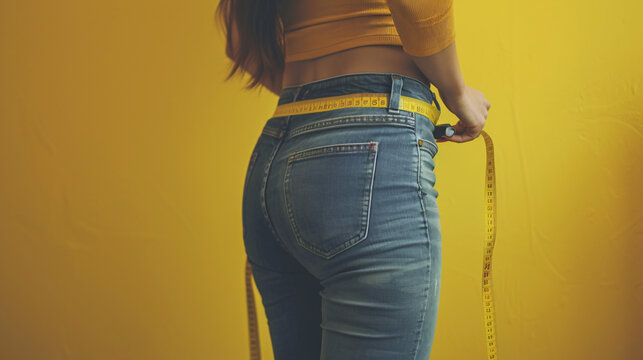 Thin girl measures her waist with the flexible yellow