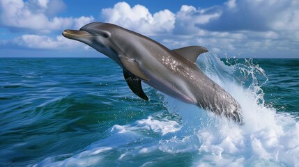 Fototapeta premium Beautiful close portrait of a dolphin swimming in clear water in the ocean or sea