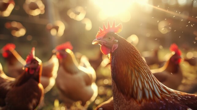 Chickens on a chicken farm grazing outdoors, domestic animal husbandry concept

