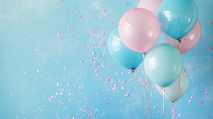 A bunch of pink and blue balloons floating in the air, possibly for a gender reveal party invitation for a baby shower or birthday celebration