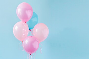 A collection of pink and blue balloons rise into the sky, creating a colorful display for a gender reveal party invitation, soft blue background - obrazy, fototapety, plakaty