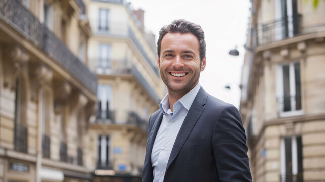 Fototapeta Smiling Businessman With A Backdrop Of Haussmannian Architecture And Building. Male Entrepreneur In The Streets Of Paris Capital of France 