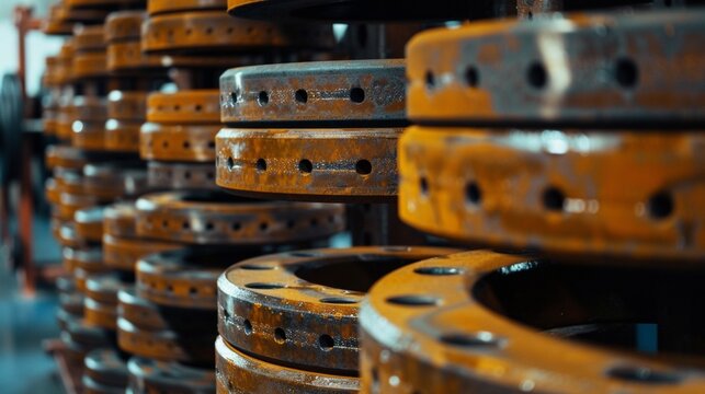 A stack of weightlifting plates arranged neatly on a sturdy metal rack in a powerlifting gym, symbolizing the strength and determination of athletes.