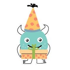 birthday card of monster with gift box and cap
